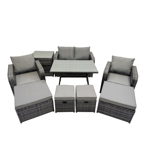 Fimous Fimous 8 Seater Rattan Sofa Oblong Dining Table with 2 Big Stool Side Table 1