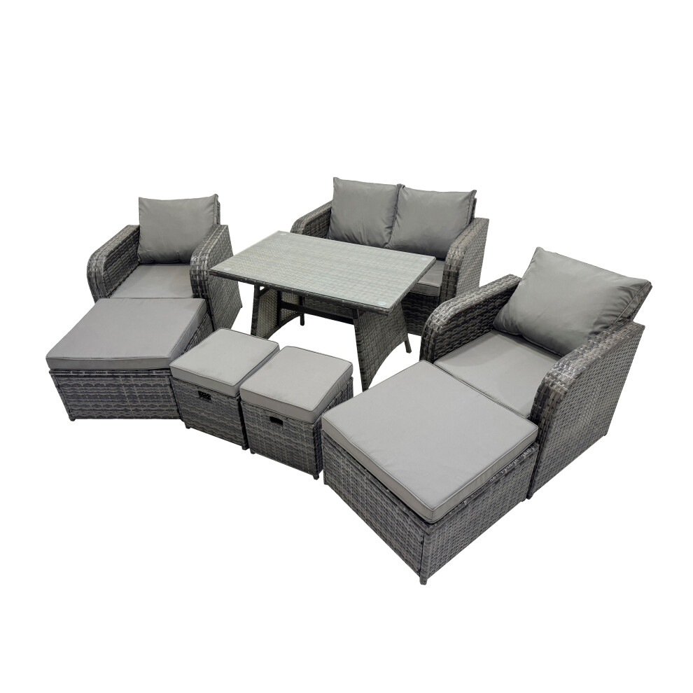 Fimous 8 Seater Rattan Sofa Oblong Dining Table With 2 Big Stools Dark Grey