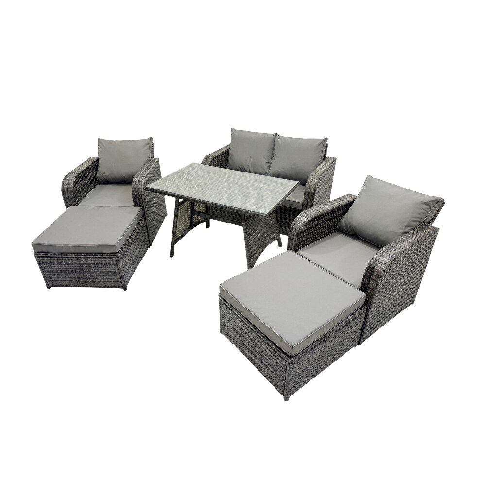 Fimous 6 Seater Rattan Sofa Oblong Dining Table With 2 Big Stools Dark Grey