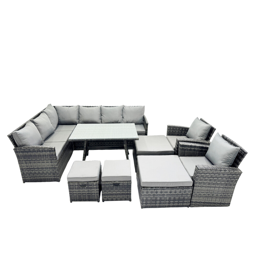 Rackhams Dark/Grey 12 Seat Poly Rattan Outdoor Patio Oblong Dining Table Corner Sofa Set With 4 Stool 2 Chairs For Garden Backyard Mixed - Image 2