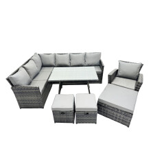 Fimous 10 Seat Patio Oblong Dining Table Corner Sofa Set with 3 Stool Chair