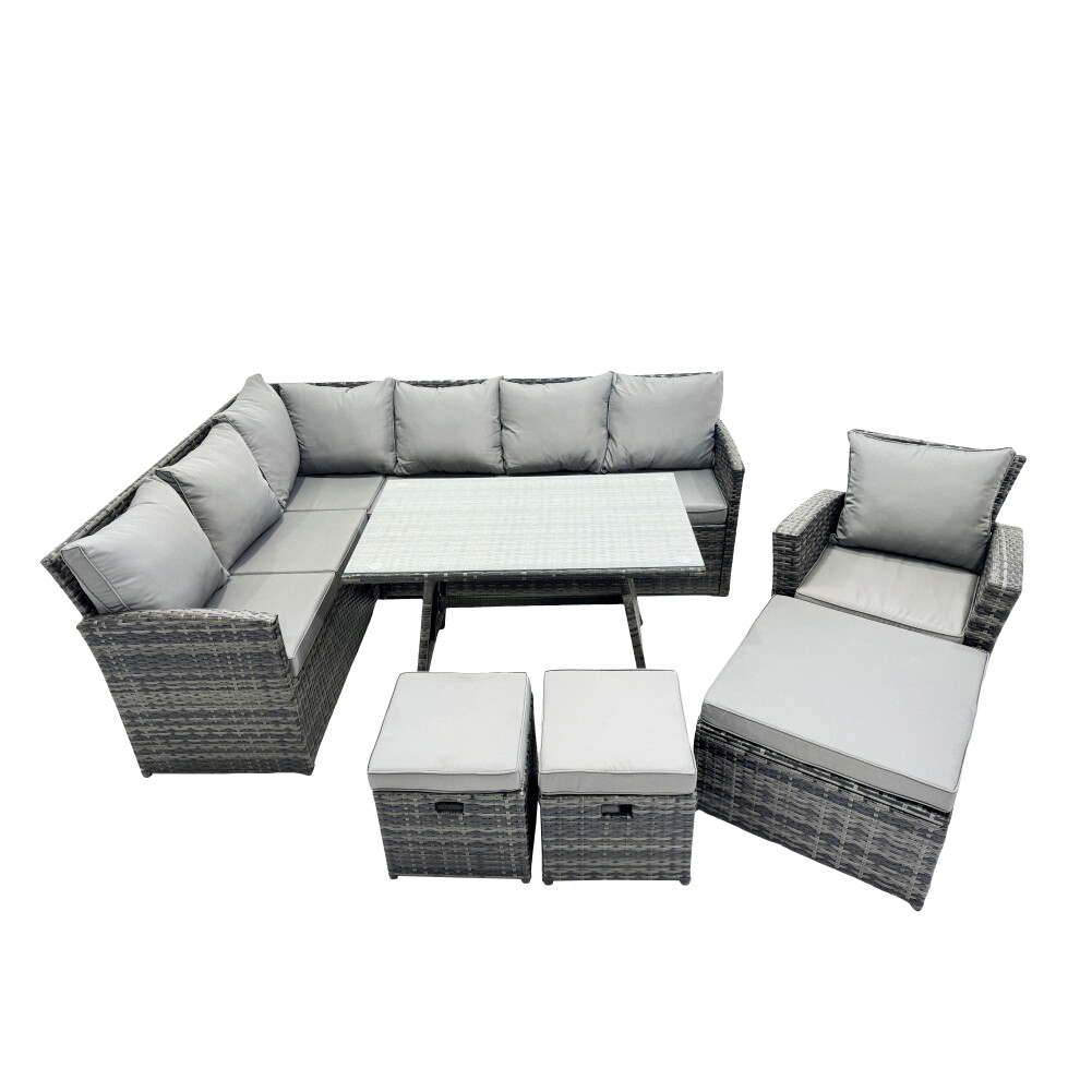 Fimous 10 Seat Patio Oblong Dining Table Corner Sofa Set With 3 Stool Chair
