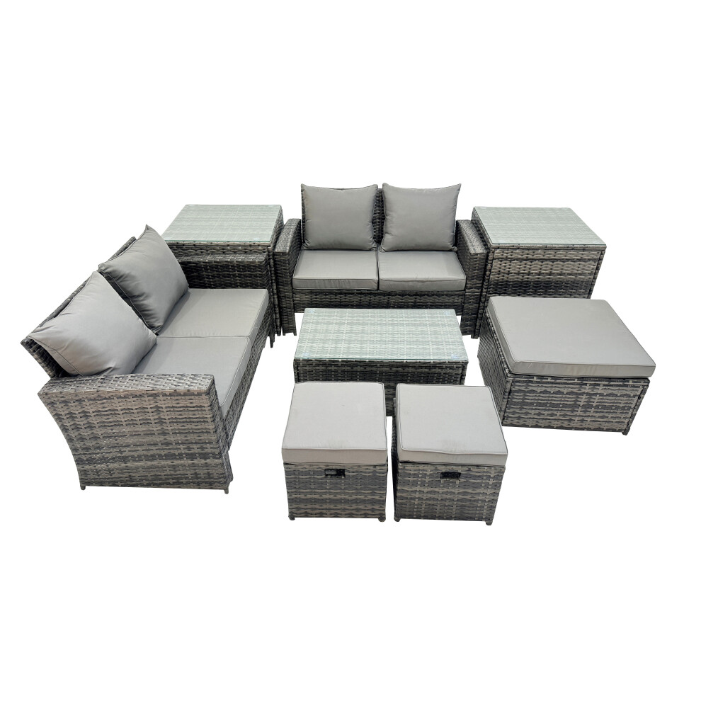 Fimous Dark/Grey Pe Rattan Garden Furniture Set Lounge Double Seat Sofa Coffee Table Set With 2 Side Tables 3 Stools Mixedmixed - Image 2