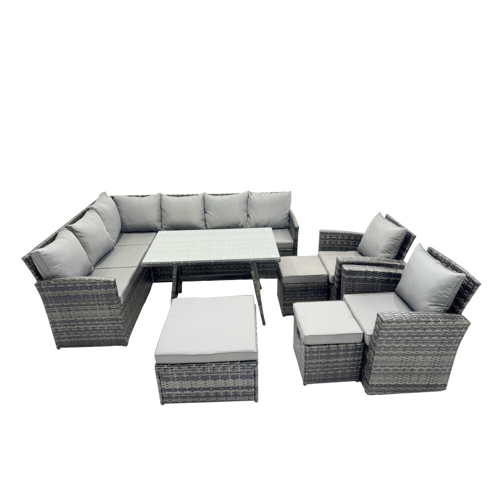 Fimous Dark/Grey 11 Seat Poly Rattan Outdoor Patio Oblong Dining Table Corner Sofa Set With 3 Stool 2 Chairs For Garden Backyard Mixed - Image 2