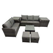 Fimous PE Rattan Garden Outdoor Furniture Set& 2 Side Tables 2 Small Stools