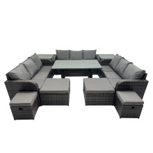 Fimous 13 Seater Rattan Sofa Oblong Table with 2 Side Table 4 Stools