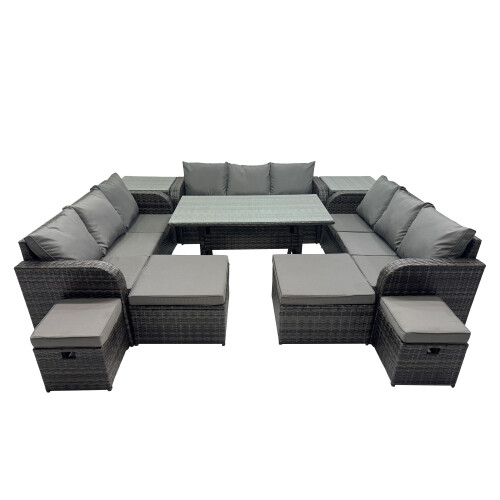 Fimous Fimous 13 Seater Rattan Sofa Oblong Table with 2 Side Table 4 Stools