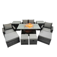 Fimous Outdoor Love Sofa Set 8 Seat & Gas Firpit Table 4 Stools 2 Side Table