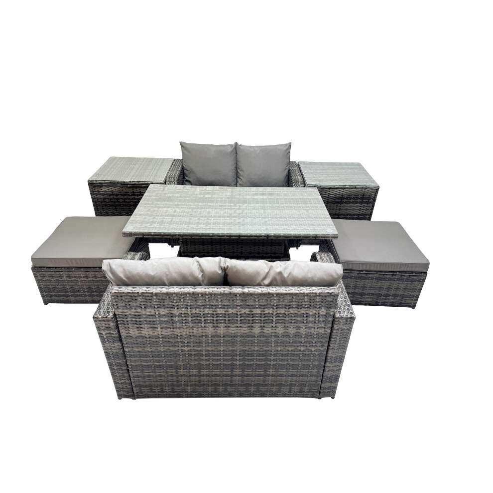 Fimous Dark/Grey 6 Seater Rattan Garden Furniture Dining Set With Height Adjustable Rising Table, Sofa With 2 Big Stools 2 Side Tables Mixed - Image 2