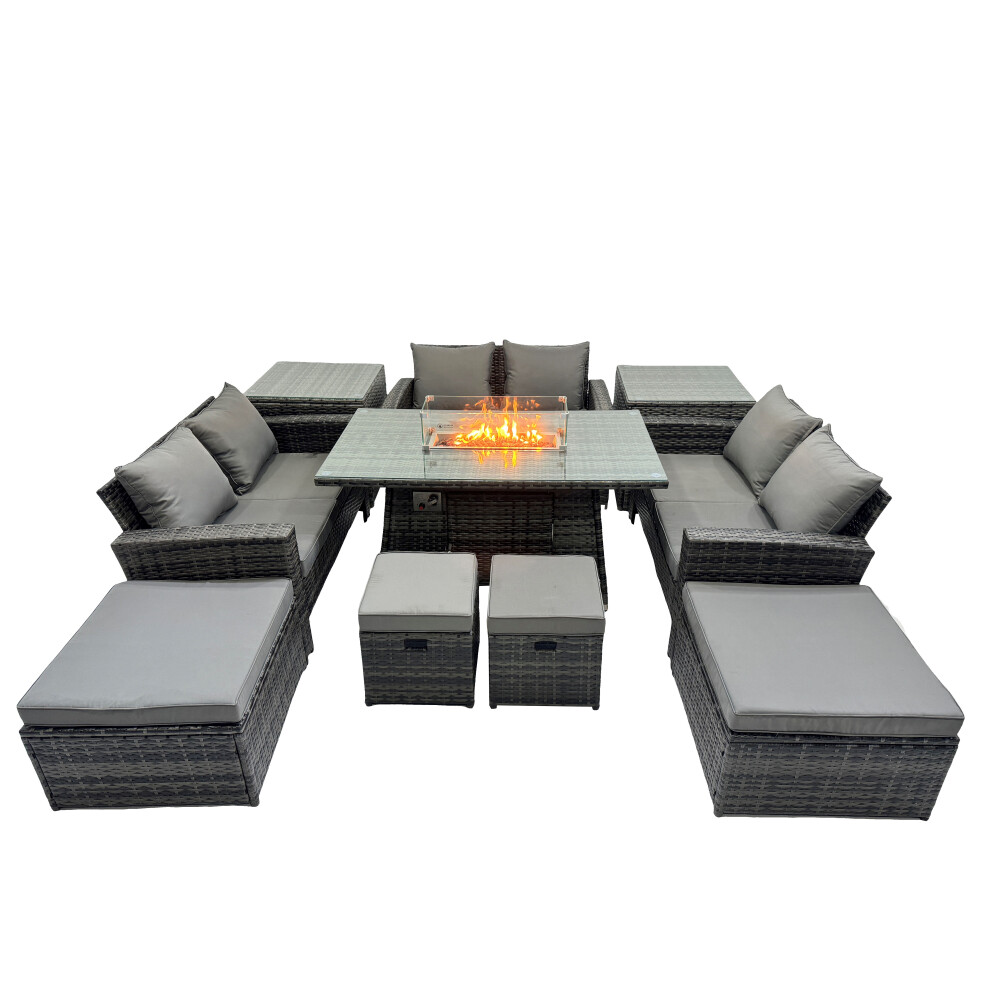 Fimous Dark/Grey Outdoor Love Sofa Set 10 Seat Rattan Garden Furniture Set With Gas Firpit Dining Table 4 Footstools 2 Side Table Mixed - Image 2