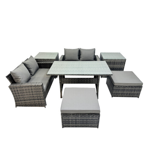 Fimous Fimous 6 Seater Outdoor Table Double Seat Sofa 2 Side Table 2 Big Stools Set