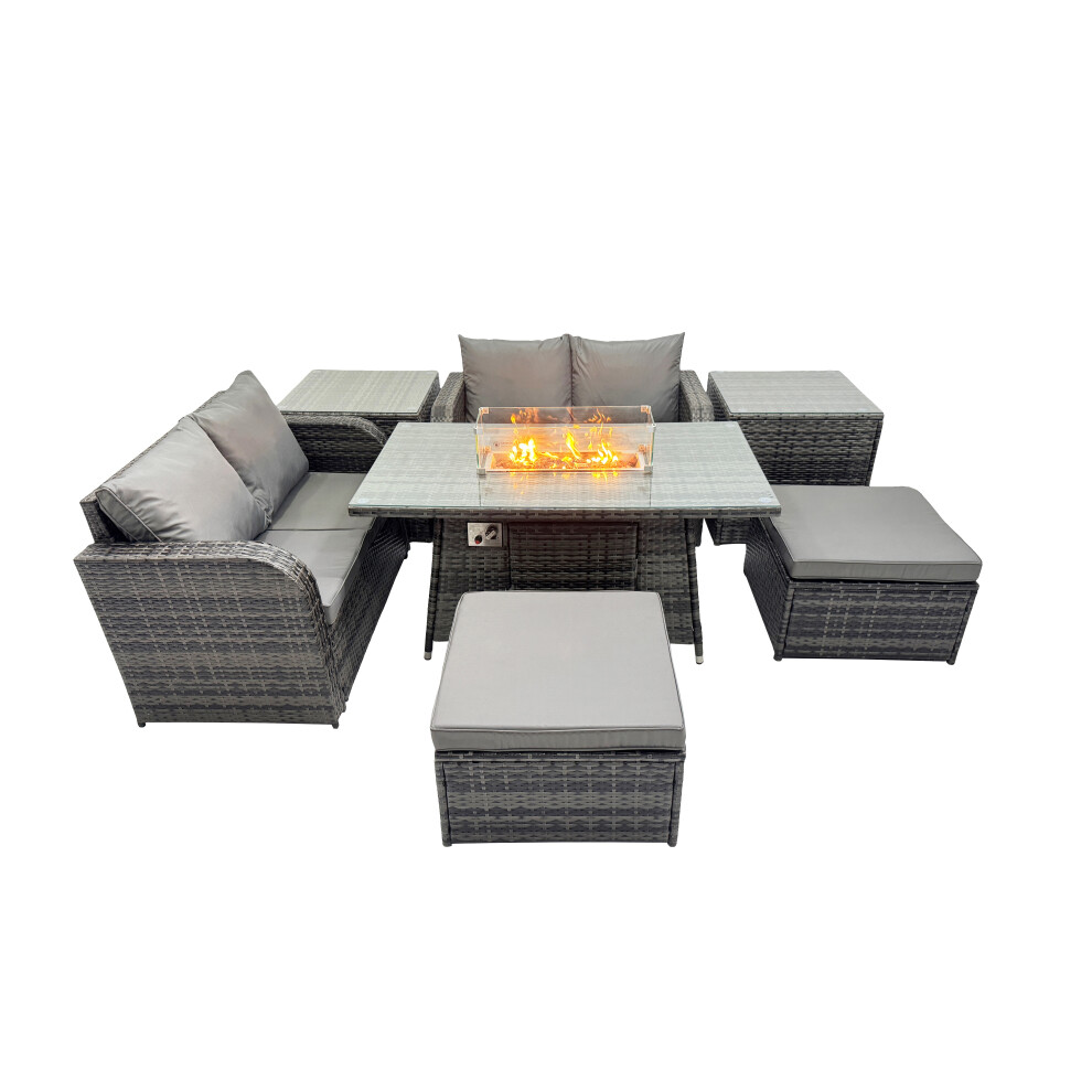Fimous Unisex Dark Grey 6-Seater Rattan Garden Furniture Set With 2 Big Stools 2 Side Tables In Size 6 - Image 2