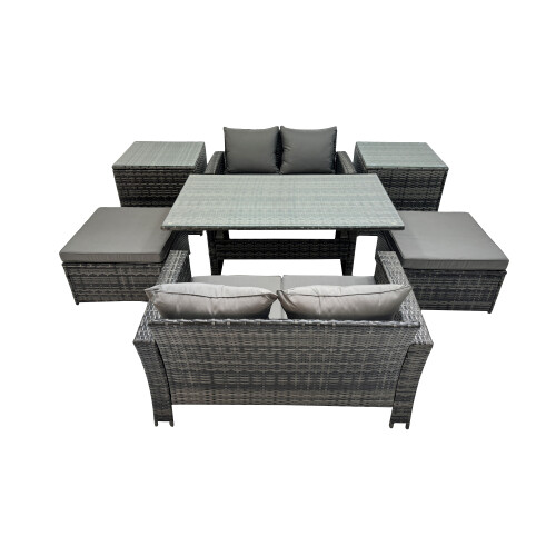 Fimous Fimous 6 Seater Outdoor Table Double Seat Sofa 2 Side Table 2 Big Stools Set 1