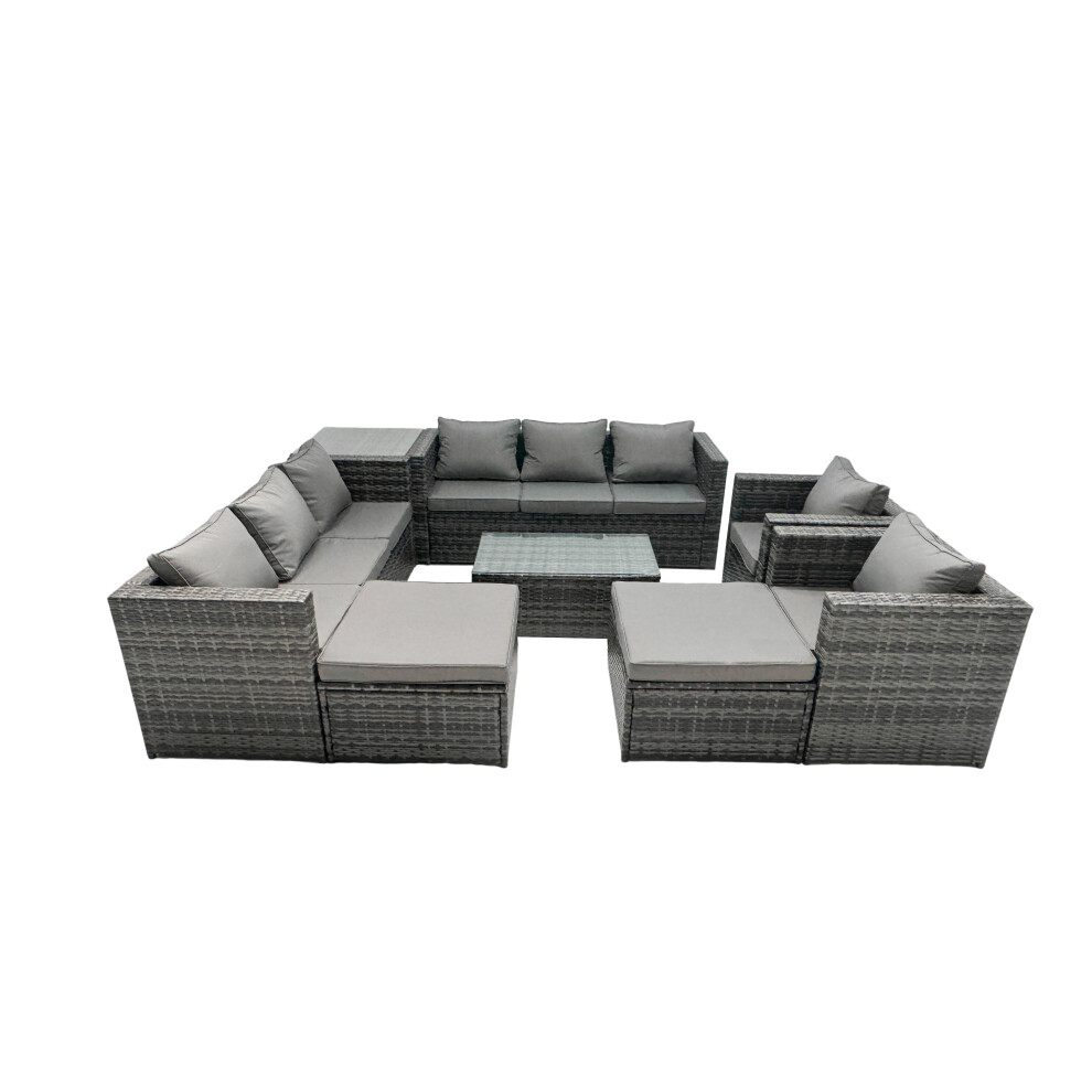 Fimous 10-Seater Patio Coffee Table Sofa Set With 2 Big Stools Side Table Brown