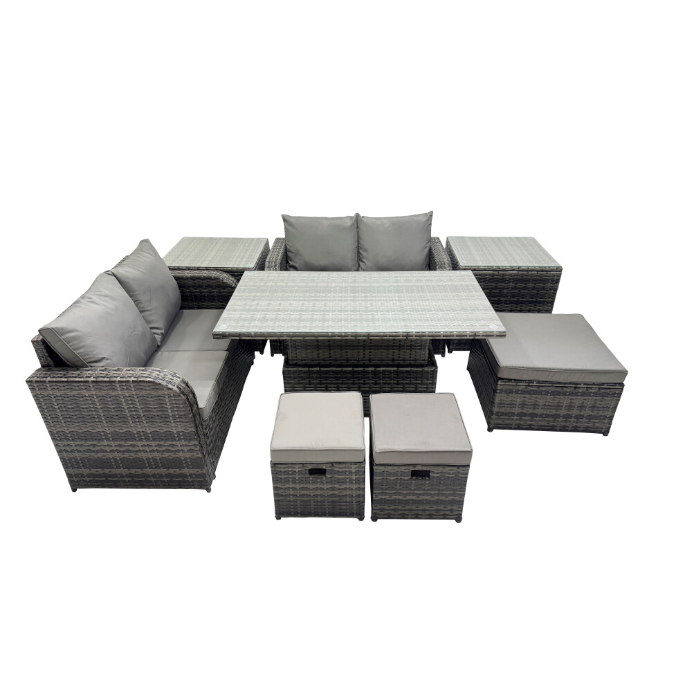 Rackhams Dark/Grey 7 Seater Patio Height Adjustable Rising Lifting Table Sofa Sets Rattan Garden Furniture Dining Set With 2 Side Table 3 Stools Mixed - Image 2