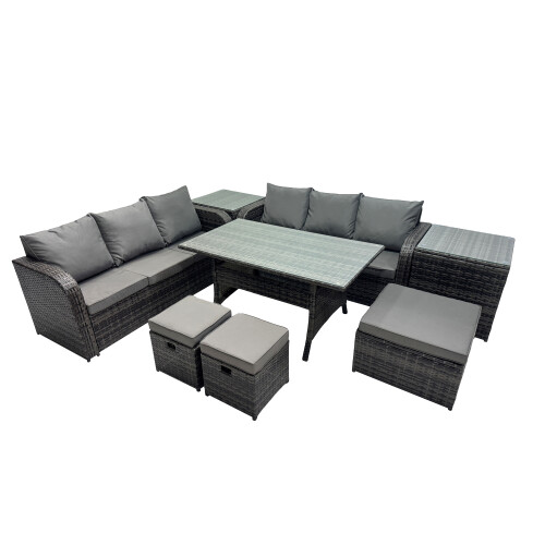 Fimous Fimous 9 Seat Outdoor Dining Table Sofa Set with 2 Side Tables 3 Stools 1
