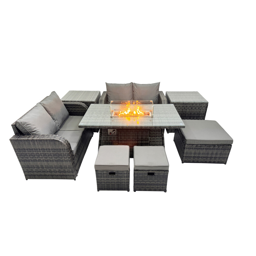 Fimous Dark/Grey 7 Seater Patio Gas Firpit Dining Table Sofa Sets Rattan Garden Furniture Dining Set With 3 Stools 2 Side Tables Mixed - Image 2