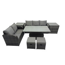 Fimous Rattan Garden Furniture Dining Set 7-seater with 2 Small Footstools