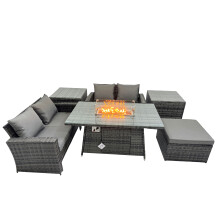 Fimous Outdoor Love Sofa Set 5 Seat & Gas Firpit Table Big Stool 2 Side Table