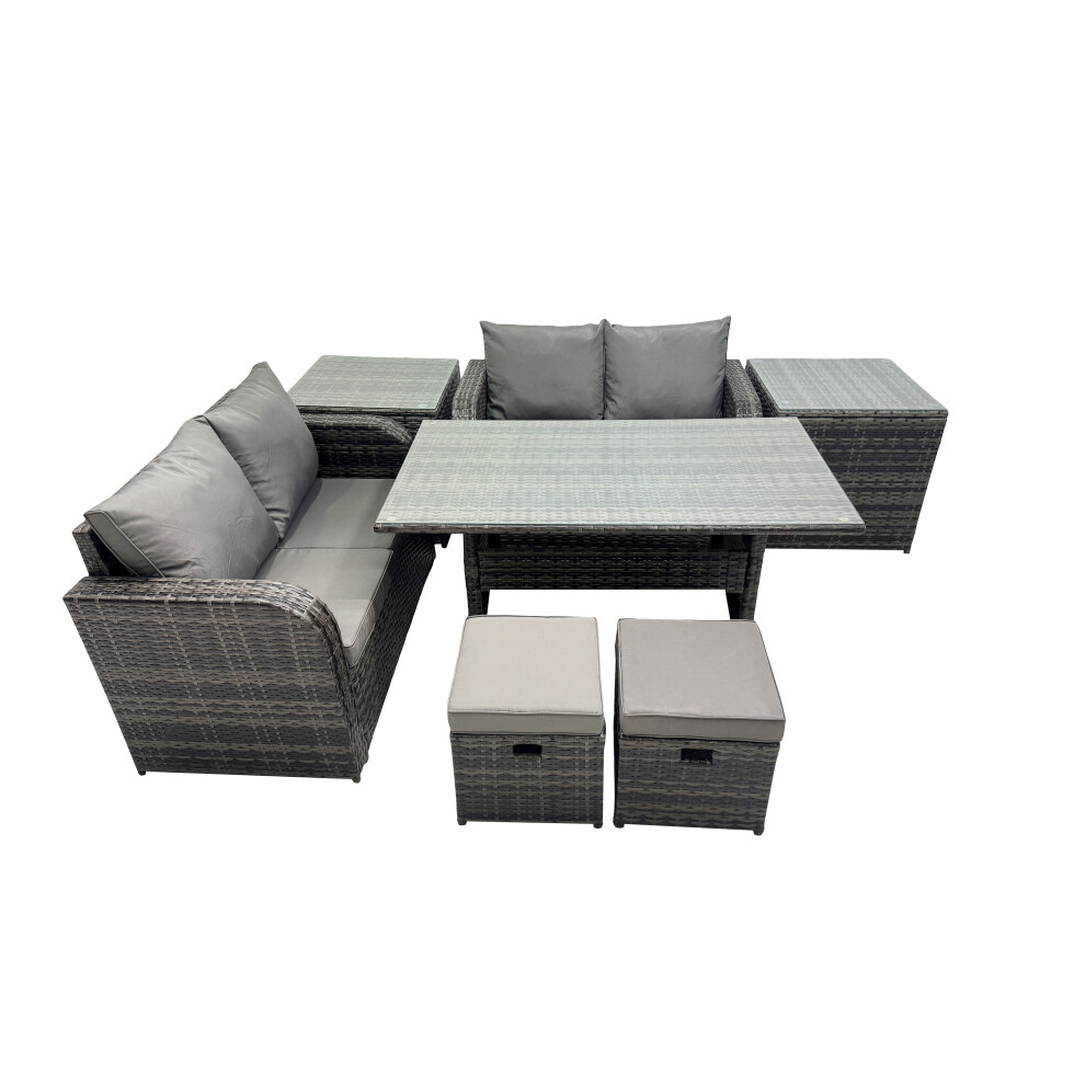Rackhams Dark/Grey Wicker Pe Rattan Garden Outdoor Furniture Set Love Sofa Dining Table Set With 2 Small Stools 2 Side Tables Mixed - Image 2