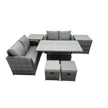 Fimous 6-seater Patio Rattan Garden Furniture Dining Set with 2 Small Stools