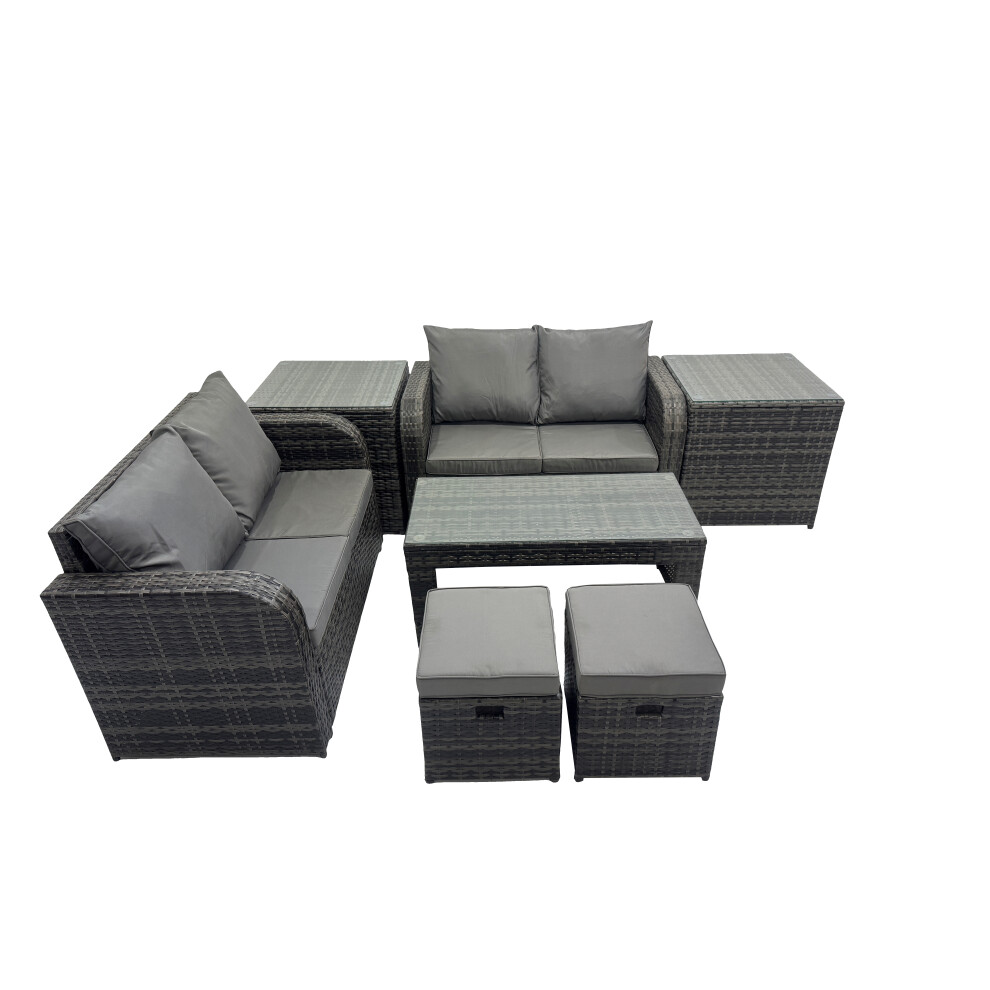 Fimous Dark/Grey 3 Seater Sofa Reclining Chair Coffee Table Set Rattan Garden Outdoor Furniture Set With 2 Side Tables 2 Small Stools Mixed - Image 2