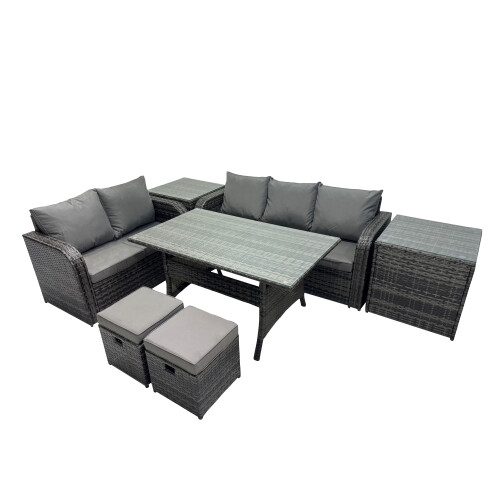 Fimous Fimous 7 Seat Outdoor Dining Table Sofa Sets with 2 Side Tables Small Stool 1
