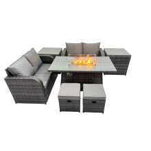 Fimous 6-seater Rattan Garden Furniture Set with 2 Side Tables 2 Small Stools