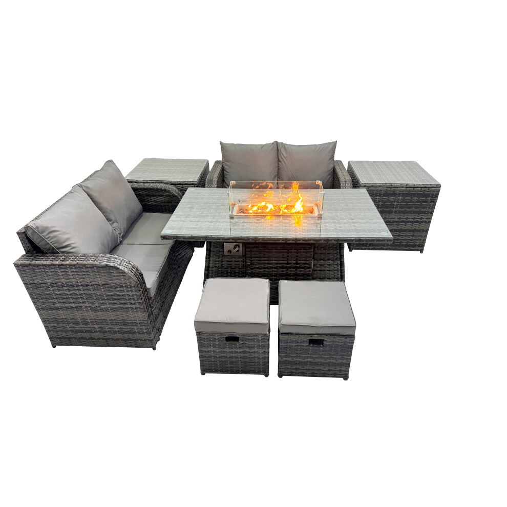 Rackhams Dark/Grey 6 Seater Patio Gas Firpit Dining Table Sofa Sets Rattan Garden Furniture Dining Set With 2 Side Tables 2 Small Stools Mixed - Image 2