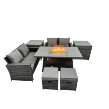 Fimous Outdoor Love Sofa Set 6 Seat & Gas Firpit Dining Table 2 Side Table