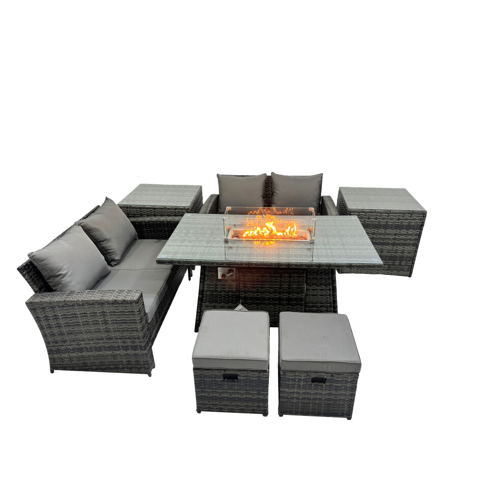 Rackhams Dark/Grey Outdoor Love Sofa Set 6 Seat Rattan Garden Furniture Set With Gas Firpit Dining Table 2 Side Table Mixed - Image 2