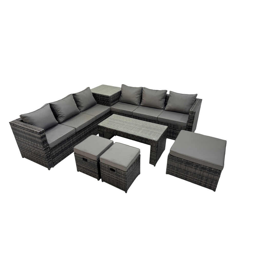 Rackhams Dark/Grey Garden Rattan Outdoor Furniture Set 9 Seater Patio Corner Sofa Oblong Coffee Table With 3 Stool Side Table - Image 2