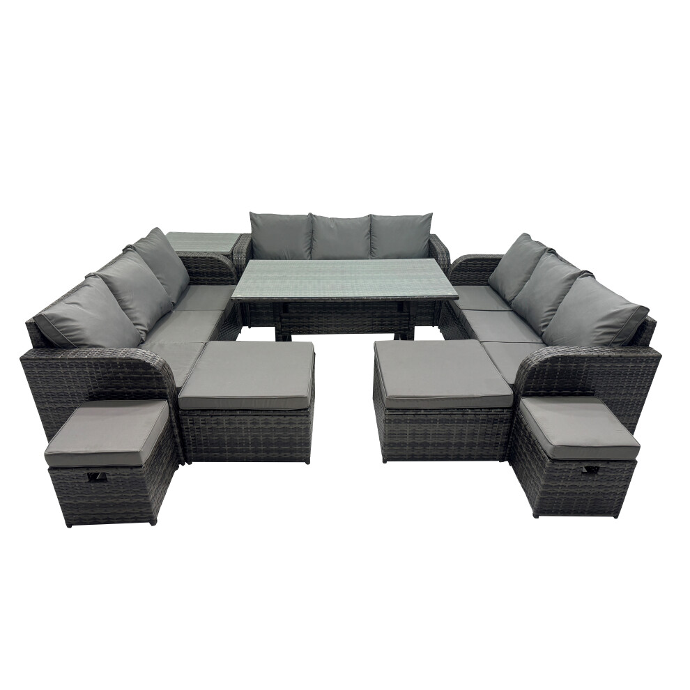 Fimous 13 Seater Rattan Sofa Oblong Dining Table & Side Table 4 Stools