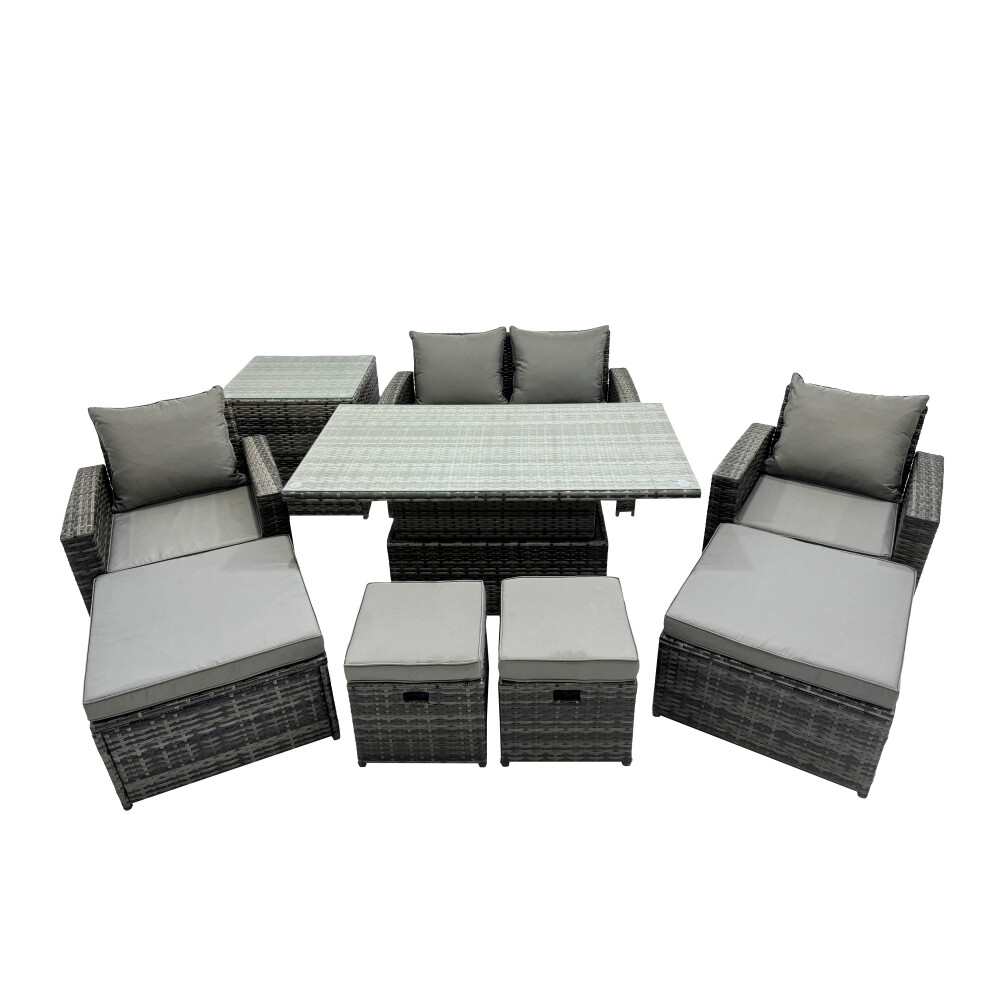 Rackhams Dark/Grey 8 Seater Rattan Garden Furniture Set With Adjustable Dining Or Coffee Table, 4 Stools, 2 Chairs & 1 Side Table - Image 2