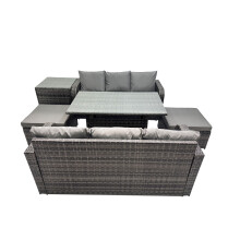 Fimous 8 Seat Outdoor Dining Table Sofa Set with 2 Big Stool Side Table