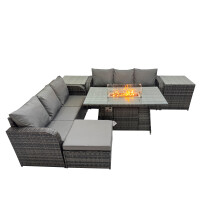 Fimous Garden Rattan 3 Seater Sofa with Big Stool 2 Side Tables