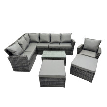 Fimous 9 Seat Rattan High Back Corner Sofa Set with 2 Big Stools
