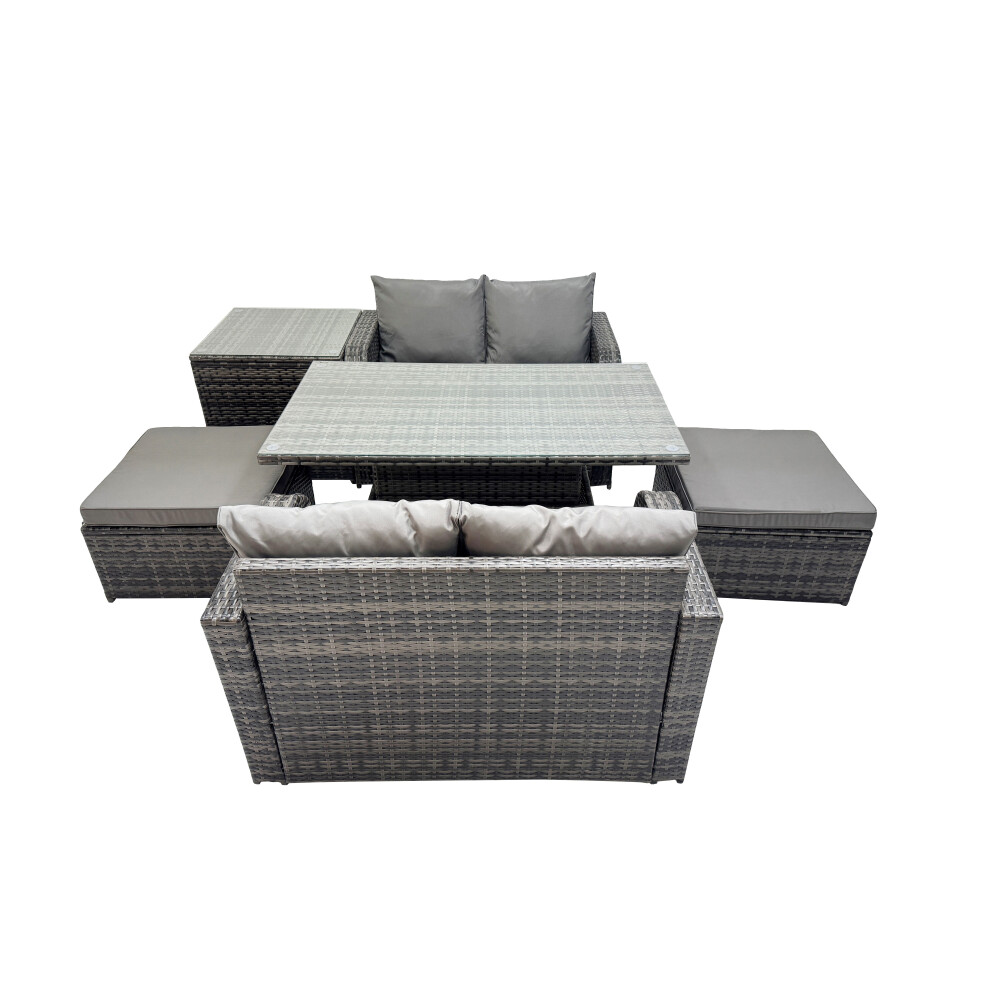 Fimous Unisex Dark Grey 6-Seater Rattan Garden Furniture Set With 2 Big Stools Side Table In Size 6 - Image 2