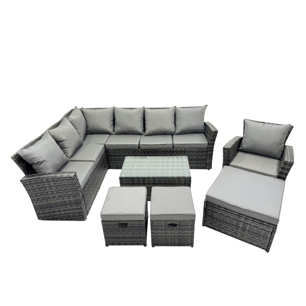 B&Q - 10 Seat Rattan High Back Corner Sofa Set Patio Coffee Table Sets With 3 Stools Chair Dark Grey Mixed - Image 2