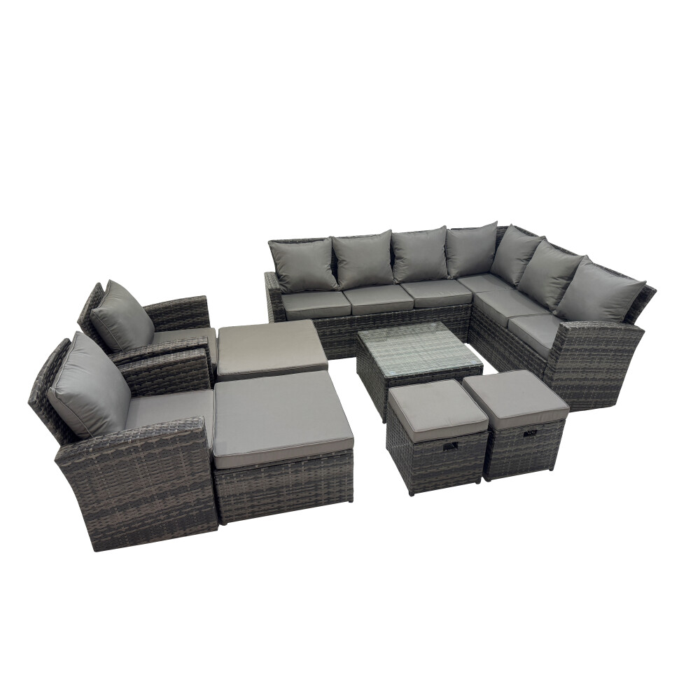 Rackhams Dark/Grey Rattan Garden Outdoor Furniture Set 12 Seater Garden Sofa Coffee Table Set With 2 Chairs 4 Footstools Mixed - Image 2