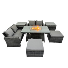 Fimous Outdoor Love Sofa Set 6 Seat & Gas Firpit Table 2 Stools 2 Side Table
