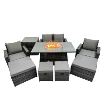 Fimous Outdoor Love Sofa Set 8 Seat & Gas Firpit Table 4 Stools Side Table