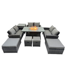 Fimous Outdoor Love Sofa Set &Gas Firpit Dining Table 4 Footstools Side Table