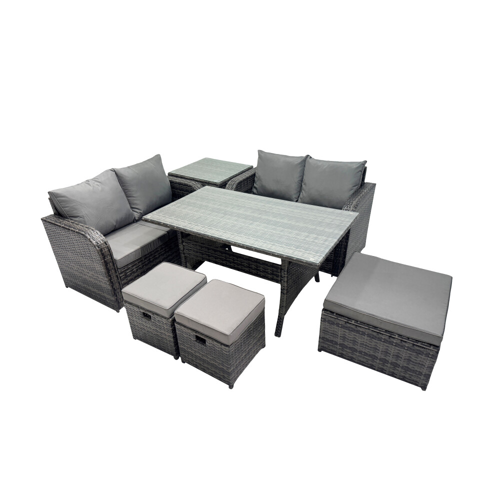 Fimous Dark/Grey Wicker Pe Rattan Garden Outdoor Furniture Set Love Sofa Dining Table Sets With 3 Stools Side Table Mixed - Image 2