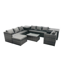 Fimous 8-seater Patio Coffee Table Sofa Set with Big Stool 2 Side Tables