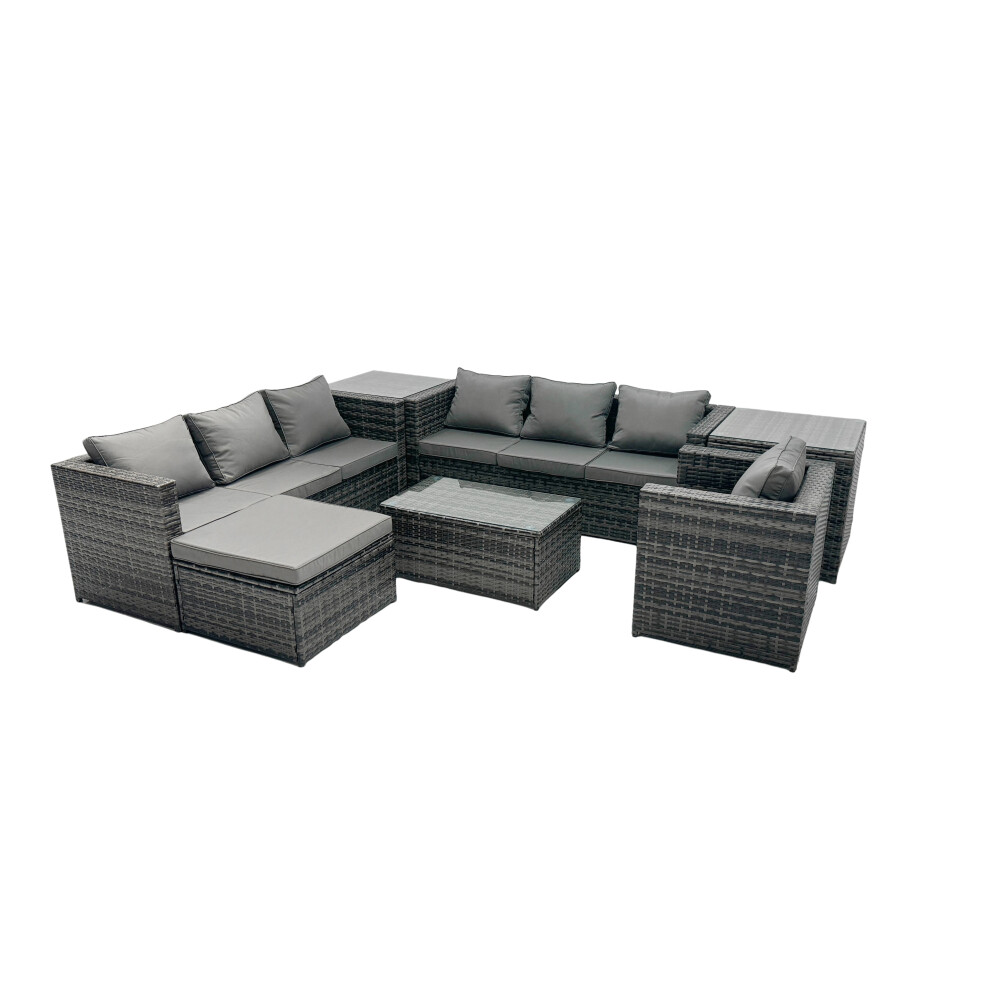 Fimous 8-Seater Patio Coffee Table Sofa Set With Big Stool 2 Side Tables Brown
