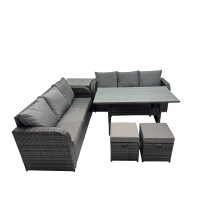 Fimous 8 Seat Outdoor Dining Table Sofa Set with Side Table 2 Small Stools