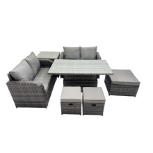 Fimous 7-seater Rattan Garden Furniture Dining Set with 3 Stool Side Table