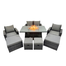 Fimous Outdoor Love Sofa Set 8 Seat & Gas Firpit Dining Table 3 Footstools