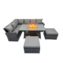 Fimous Poly Rattan Outdoor Patio Gas Firpit Table Sofa Set with 2 Big Stools